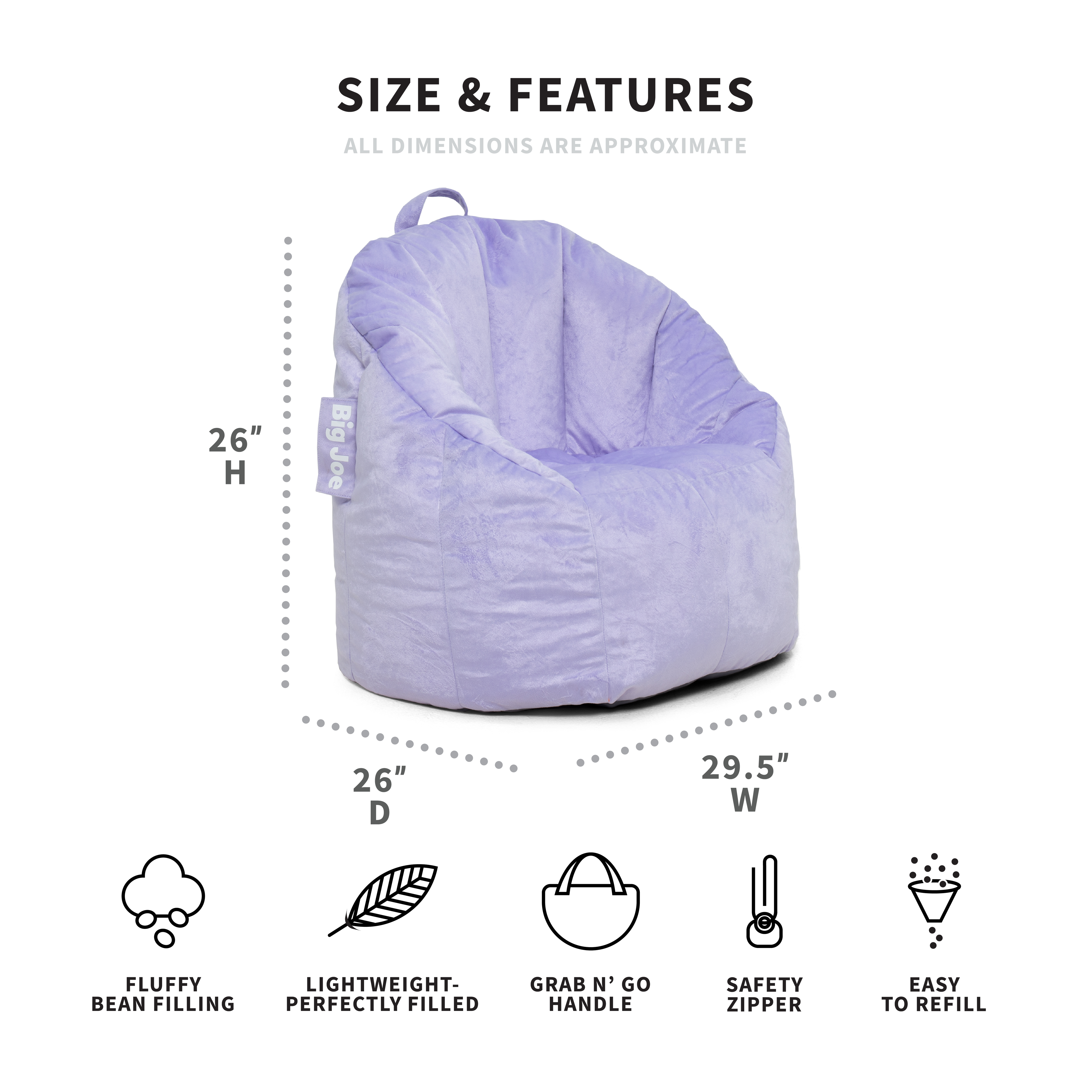 Big Joe Joey Bean Bag Chair, Plush, Kids and Teens, 2.5ft, Purple - image 3 of 6