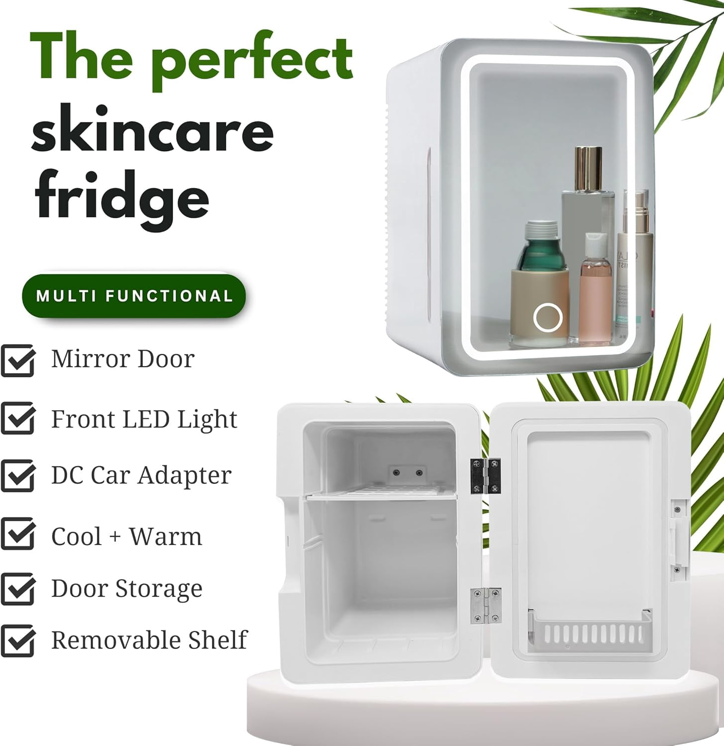 Skincare Fridge with Mirror Door LED Light Cool and Warm Makeup Vanity Refrigerator for Cosmetic Drinks Compact Design for Bedroom Bathroom Dorm AC Cord  Adapter for Car