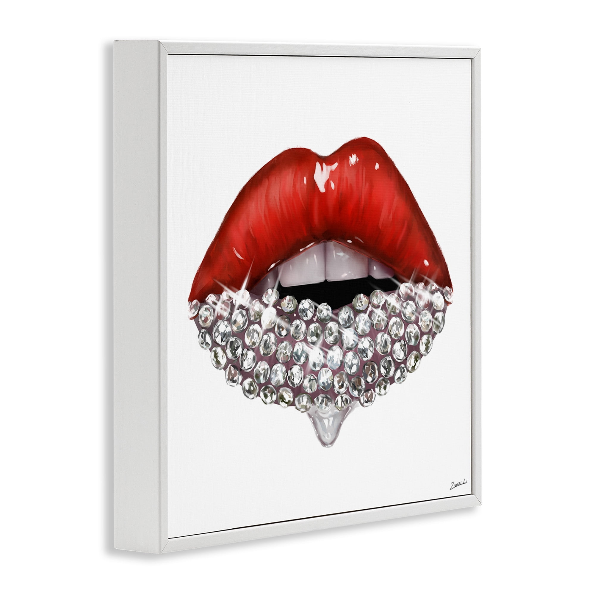 Stupell Industries Red Glam Lips with Gemstones Beauty & Fashion Painting White Framed Art Print Wall Art, 12 x 12