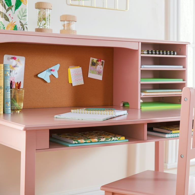 Guidecraft Children s Media Desk and Chair Set Pink Student s Study Computer Workstation with Hutch and Shelves Wooden Kids Bedroom Furniture