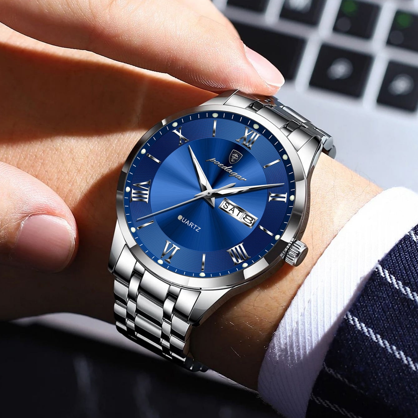 POEDAGAR Fashion Stainless Steel Men's Quartz Watches Waterproof Luminous Week Date Sports Man Wrist Watch