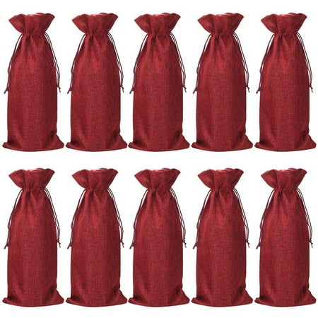 

10Pcs Wine Bags 13.7 x 5.9 Inches Hessian Wine Gift Bags with Drawstring (Wine Red)