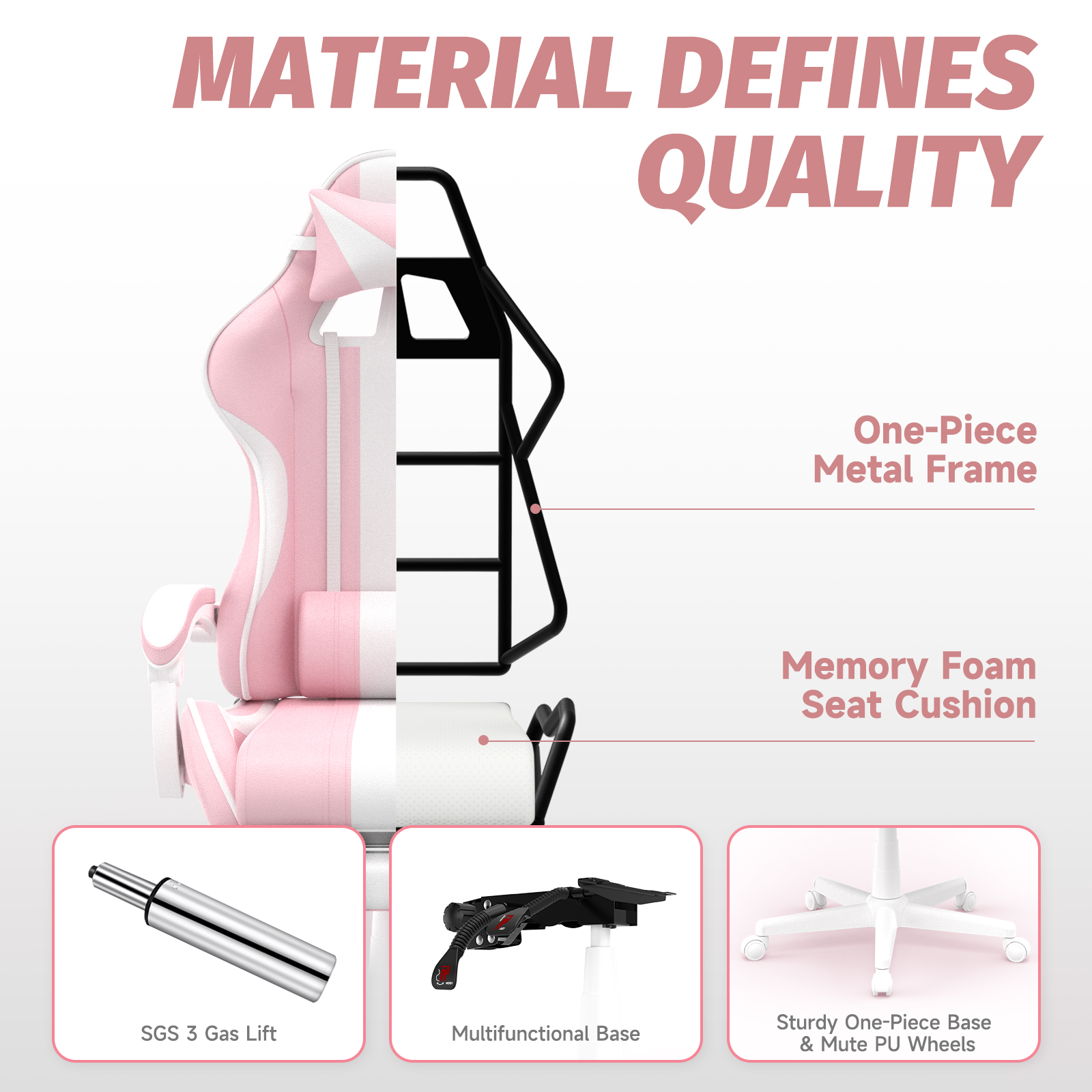SOONTRANS Pink Gaming Chair, Girl High Back Gamer Chair with Footrest for Adult , Reclining Adjustable Game Office Chairs Massage Pillows