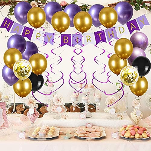 Purple Gold Birthday Decoration Set Happy Birthday Banner Bunting Inflatable Party Supplies Decor And Backdrop Decorations With 6 Hanging Swirls And 24 Balloons For Kids And Adults Walmart Com