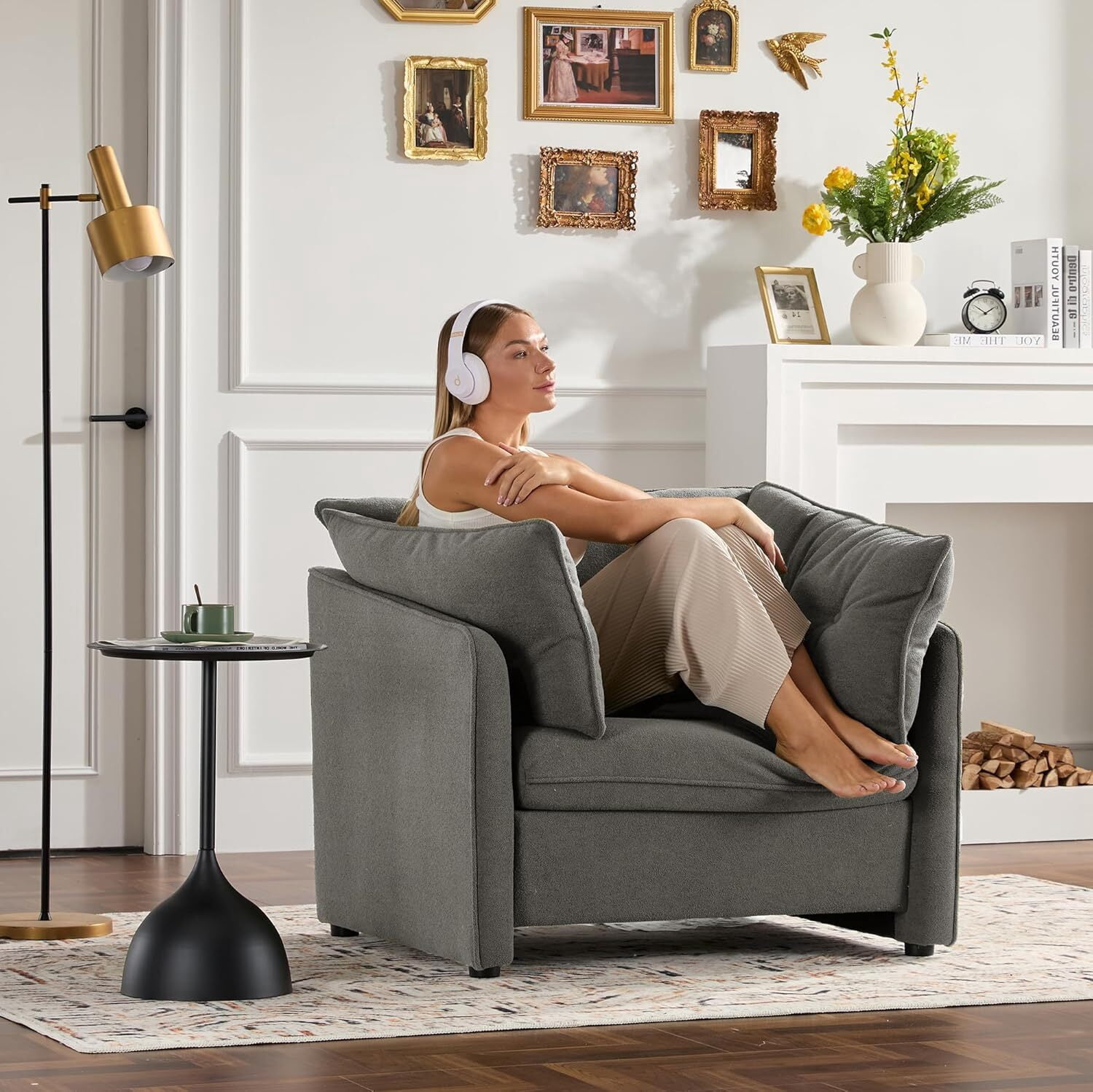 AENKYO Oversized Chenille Accent Chair, Modern Mid Century Armchair, Comfy Upholstered Deep Seat Sofa Chair, Suitable for Living Room, Bedroom, Office, Dark Gray