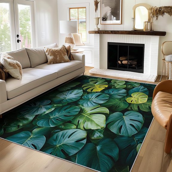 Monstera Rug, Washable Tropical Leaf Rugs For Living Room Bedroom, Green Leaves Area Rug For Home Decor, Non Slip Backing Floor Carpet 5x6ft