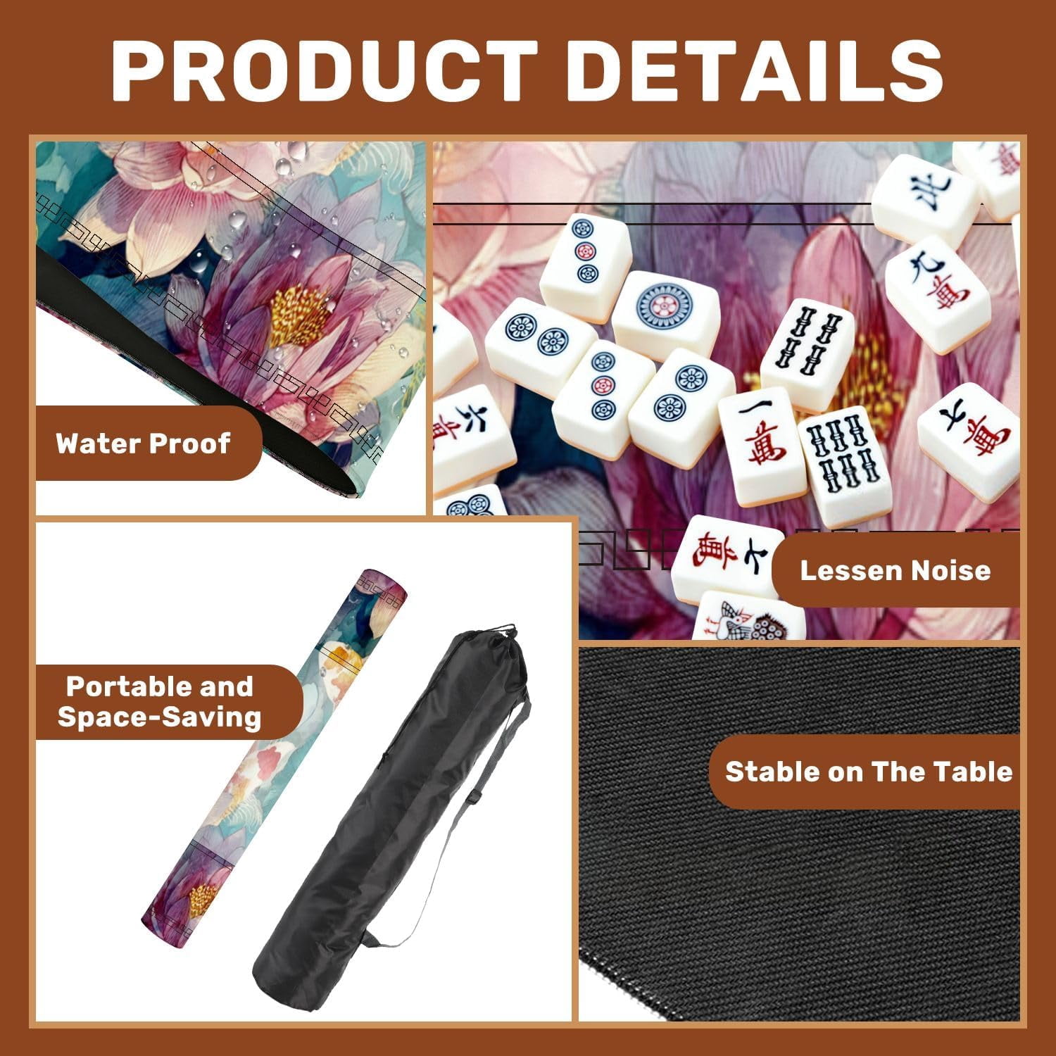 Mahjong Mat 31.5" x 31.5" Tranquil Pond Watercolor Art Lotus Flowers Fish Non-Slip Noise Reduction Mahjong Tiles Table Cover for Dominoes Poker Card Board and Tile Games
