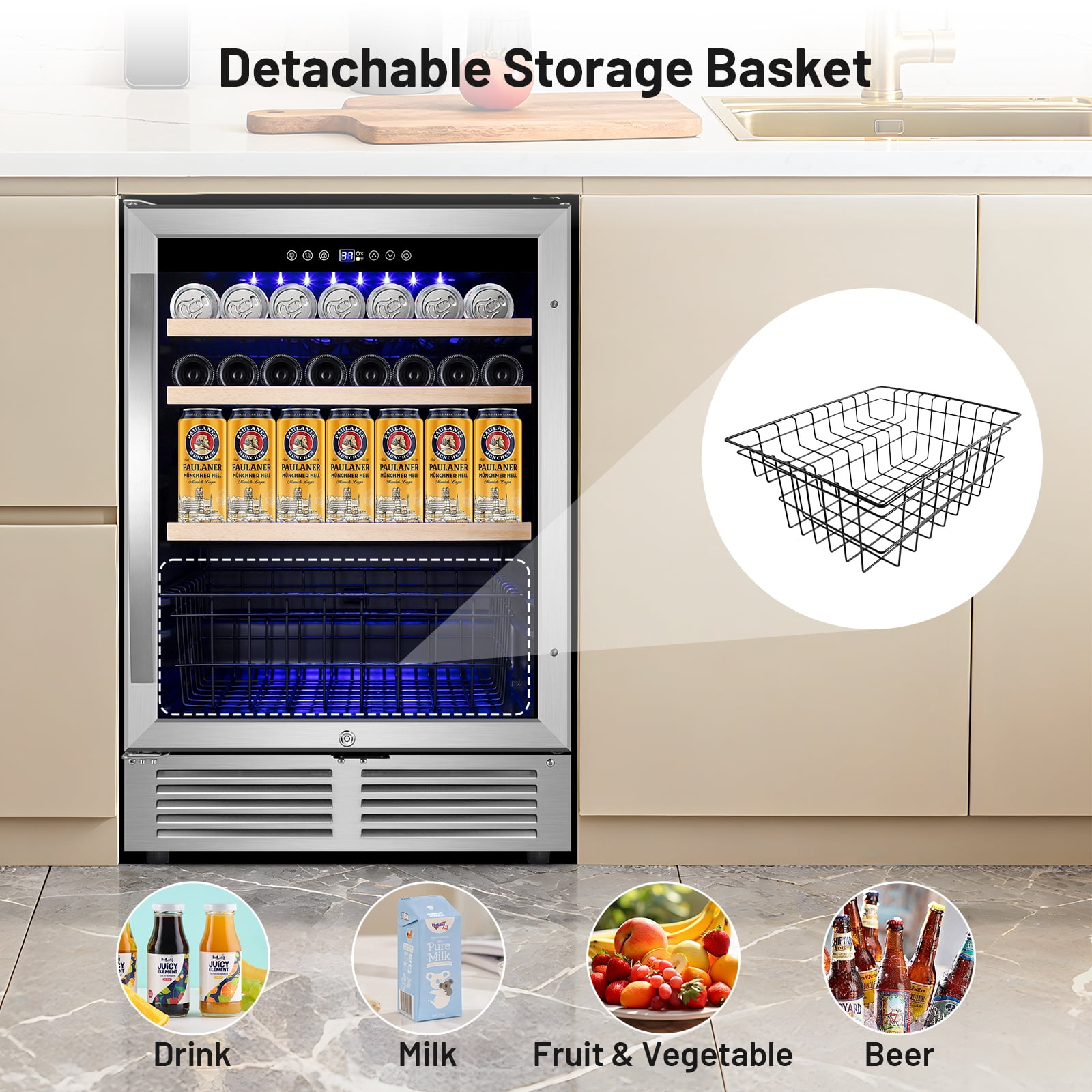 TITTLA 24 inch Beverage Refrigerator,180 Cans Under Counter Refrigerator with Glass Door for Kitchen Bar Office,Silver