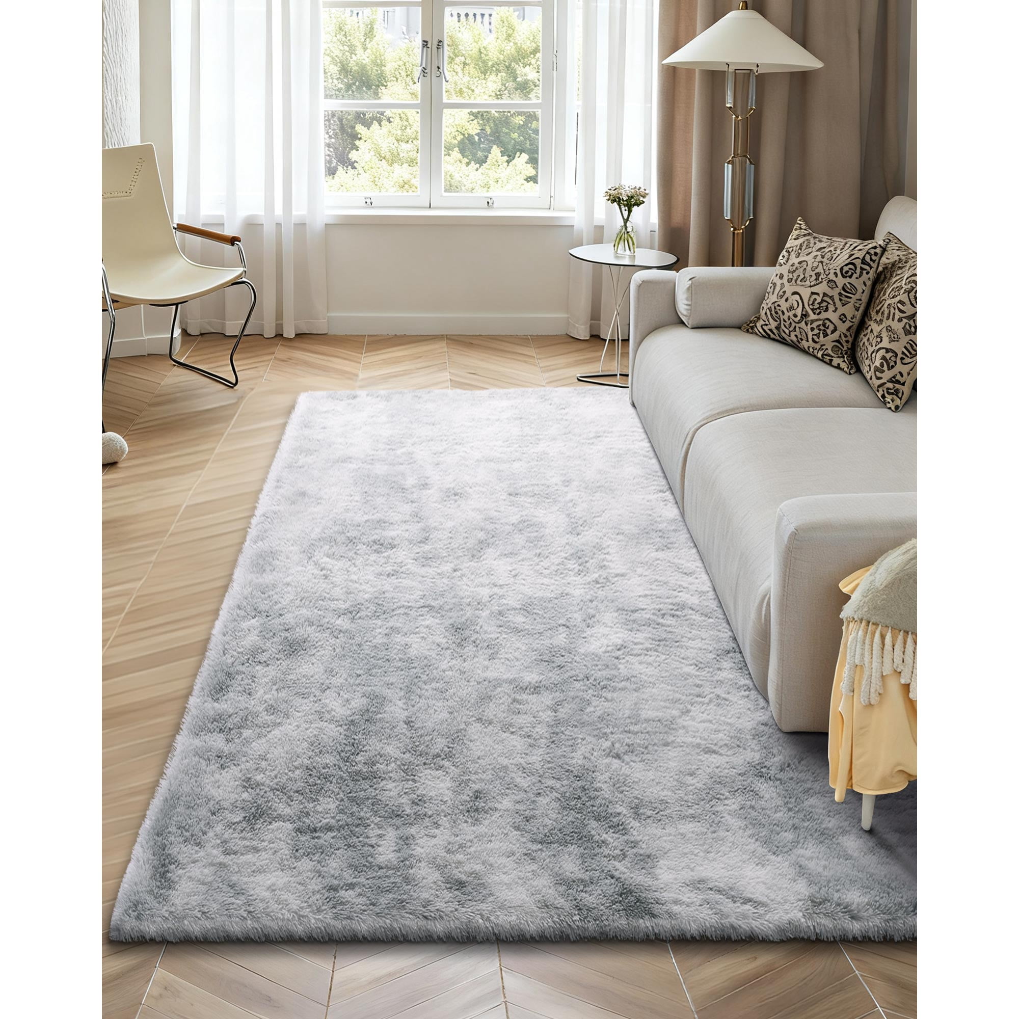 KFFKFF Indoor Plush Area Rugs, 6 x 9 ft Soft Carpet, Furry Shag Rugs for Living Room, Bedroom, Modern Home Decor, Long-Pile Design, Non-Shedding, Slip-Resistant, Tie-Dye Light Gray
