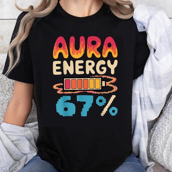 100% Cotton Aura Energy 67 Percent Battery Life Fun Graphic T-Shirt for Women Men Casual Wear Trendy Design Cute Shirt