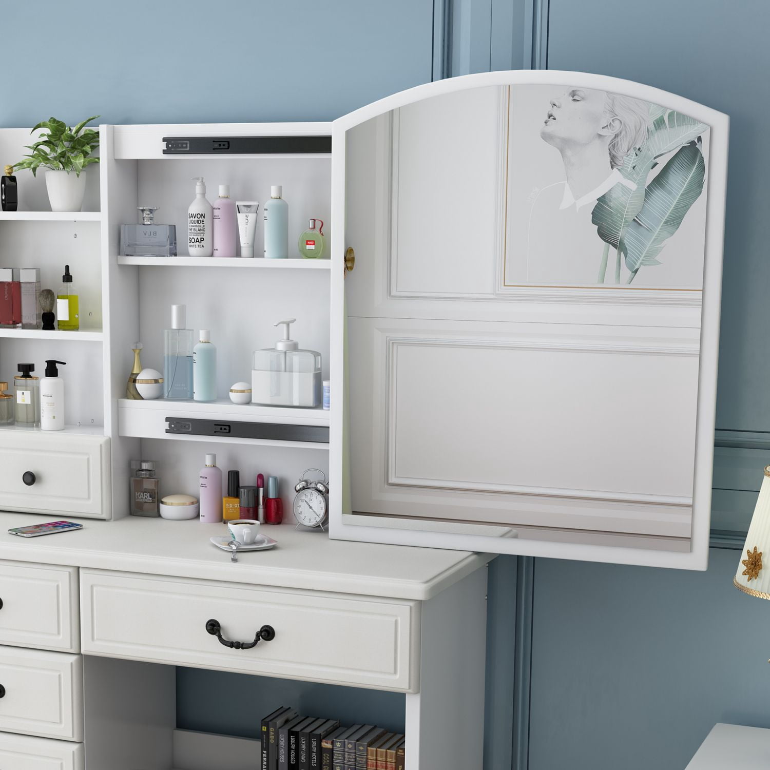 Asteroutdoor Vanity Desk with Mirror and Lights, 6 Drawers, White