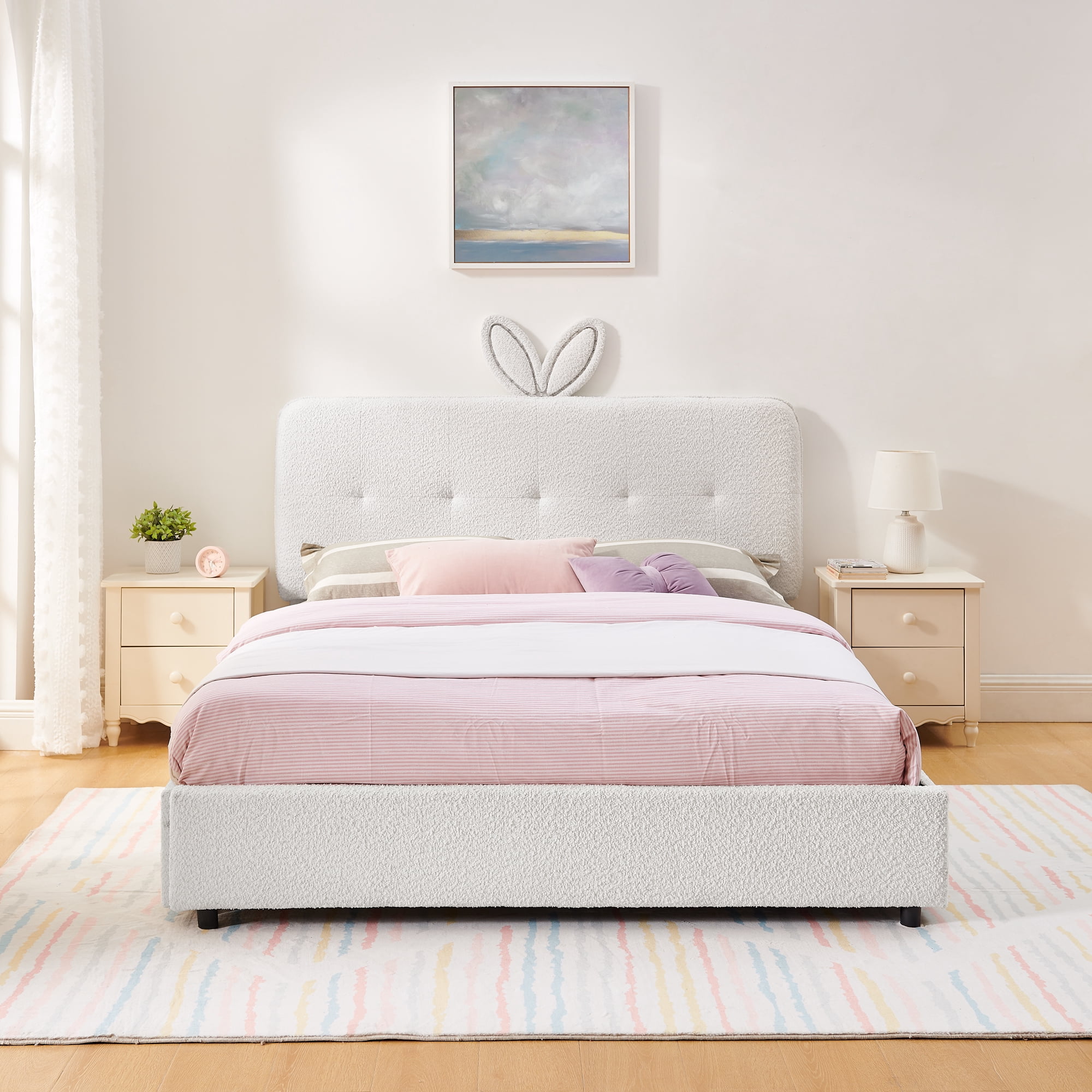Mintazer Queen Upholstered Kids Bed with Oversized Rabbit Ear Headboard, Boucle Fabric Platform Bed with LED Headboard & 4 Storage Drawers, Beige