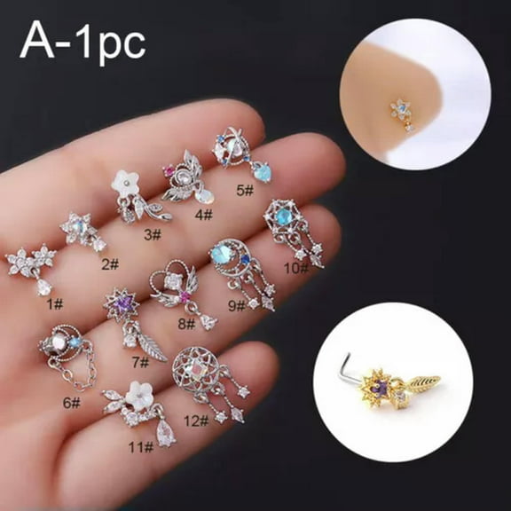 EOEMY Gold Silver Nose Stud Piercing Thin Ear Pin Ring Bone End L Shape Gem Jewellery-650-Silver-7#