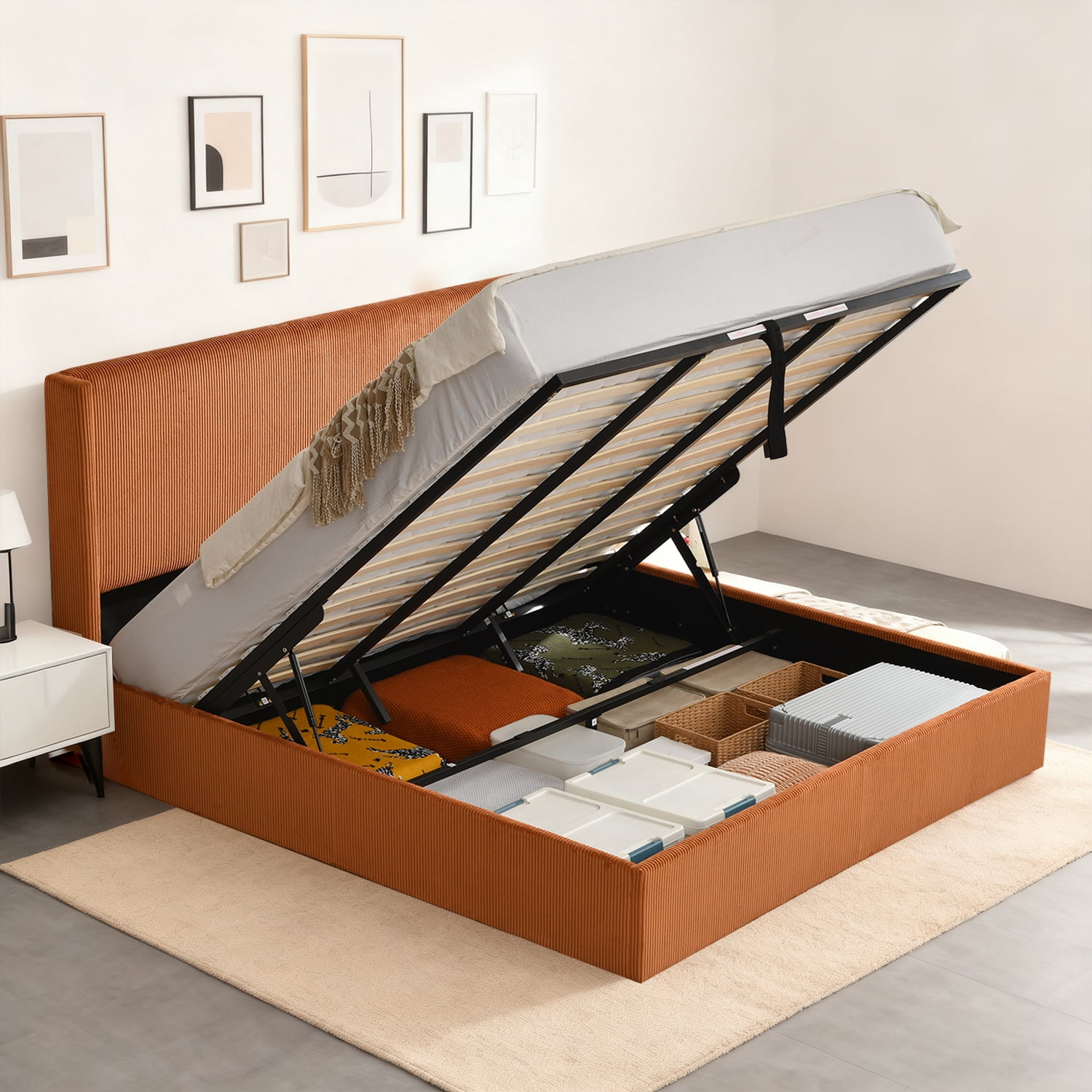 King Size Bed Frame with Lift Up Storage, Corduroy Upholstered Platform Bed with Wingback Headboard, No Box Spring Needed, Hydraulic Storage, Orange