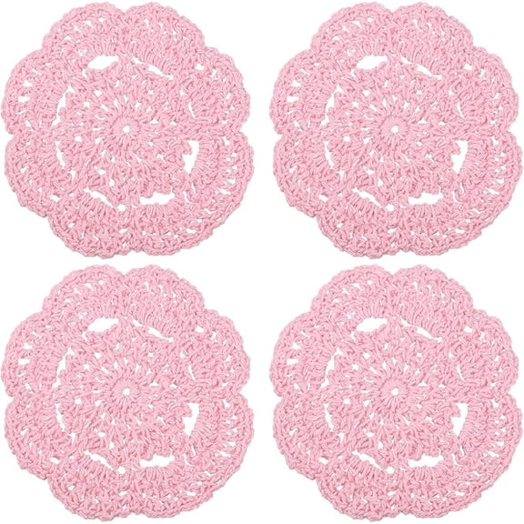 XJGHHSY Crochet Doilies, 4Pcs 8" - Handmade Crochet Cotton Coaster, Round Lace Placemats with Floral Patterns for Wedding Party Decoration,Pink