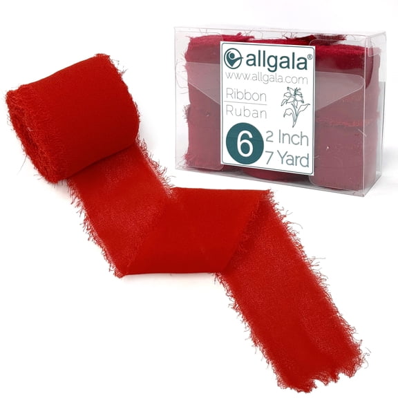 Allgala 6 Roll 2" x7yd Red Color Handmade Rustic Fringe Frayed Chiffon Ribbon for Bridal Wedding Gift Packing, Flower Bouquet Arrangement Wrapping DIY Craft