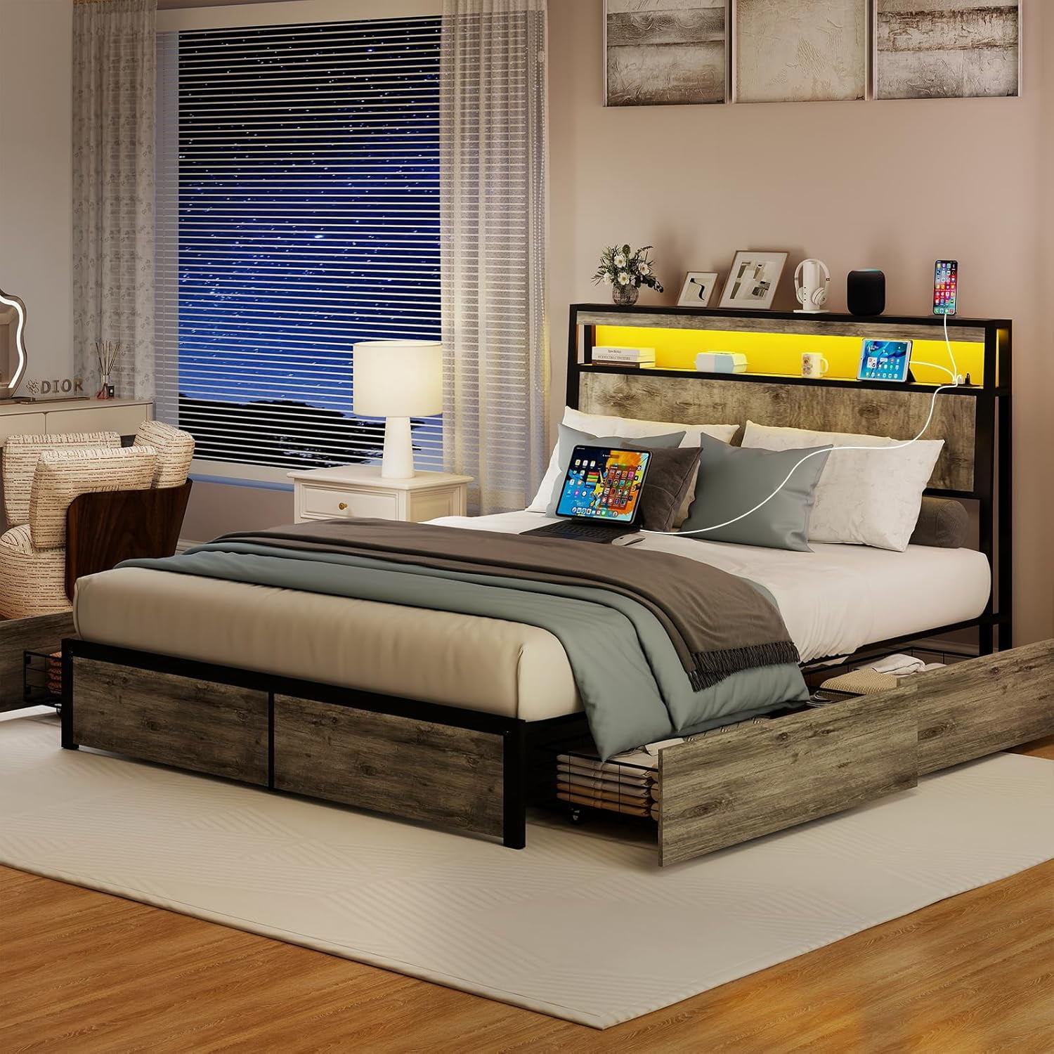 DRNANLIT King Size LED Bed Frame with Storage Headboard and 4 Drawers Charging Station,Gray