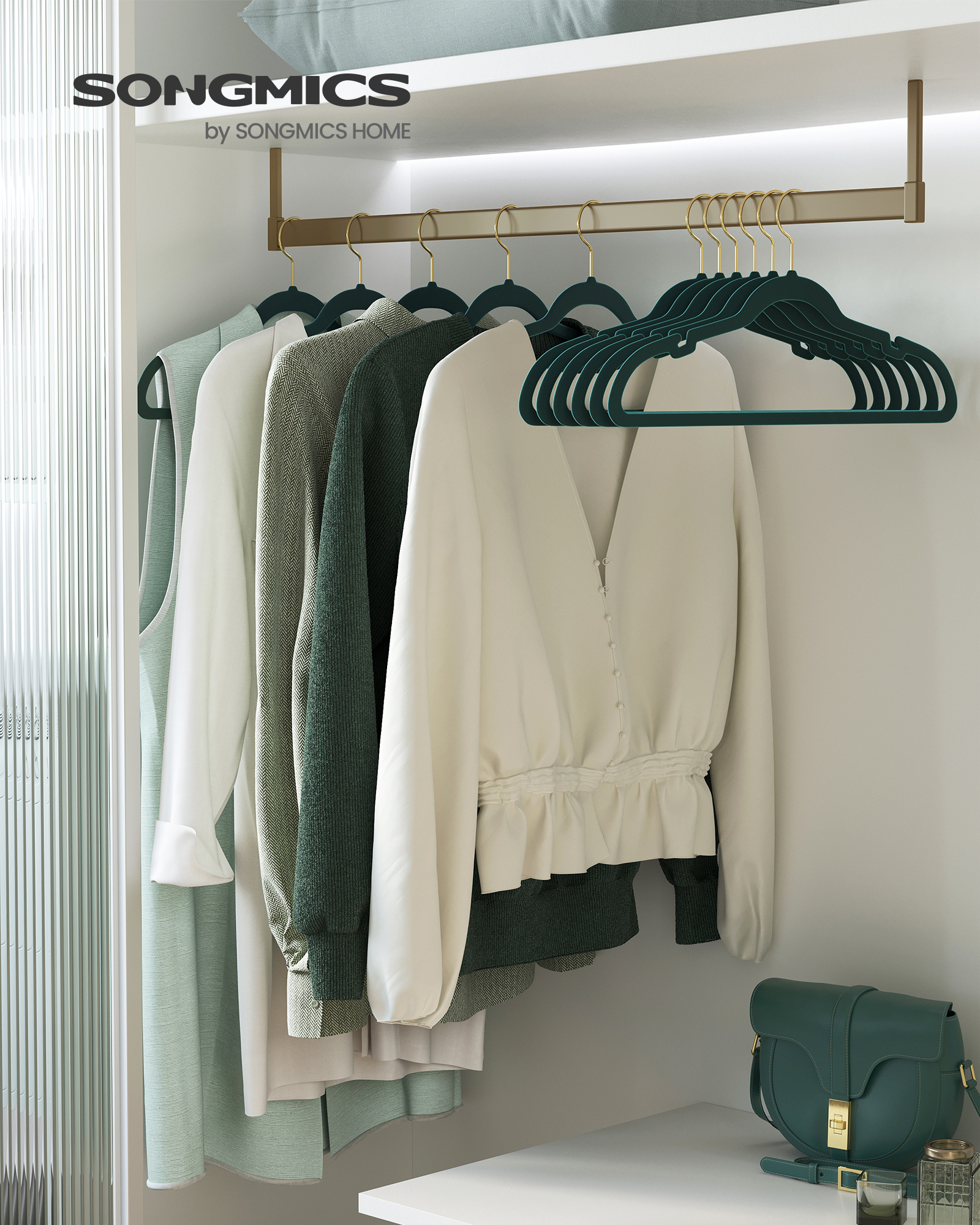 50-Pack Velvet Non-Slip Hangers with 360° Swivel Hook, Pants Bar & Shoulder Notches, Space Saving Closet Hangers, Forest Green