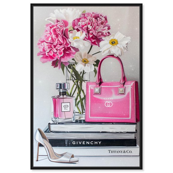 Fancy Pink Purse and Books Canvas Fashion Prints by Art Remedy, Black Frame, 10" x 15"