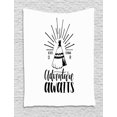 thumbnail image 1 of Adventure Awaits Tapestry, Primitive Culture Style Tent with Typography Wigwam Illustration, Wall Hanging for Bedroom Living Room Dorm Decor, 40W X 60L Inches, Black and White, by Ambesonne, 1 of 2