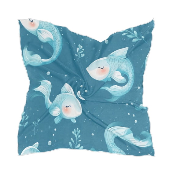 Blue Fish Square Silk Scarf, 23.62×23.62in Polyester Simulated Silk Satin Scarf Tops for Women Head Wraps Shirt Bandana Curly Hair Tie Headband Headscarf