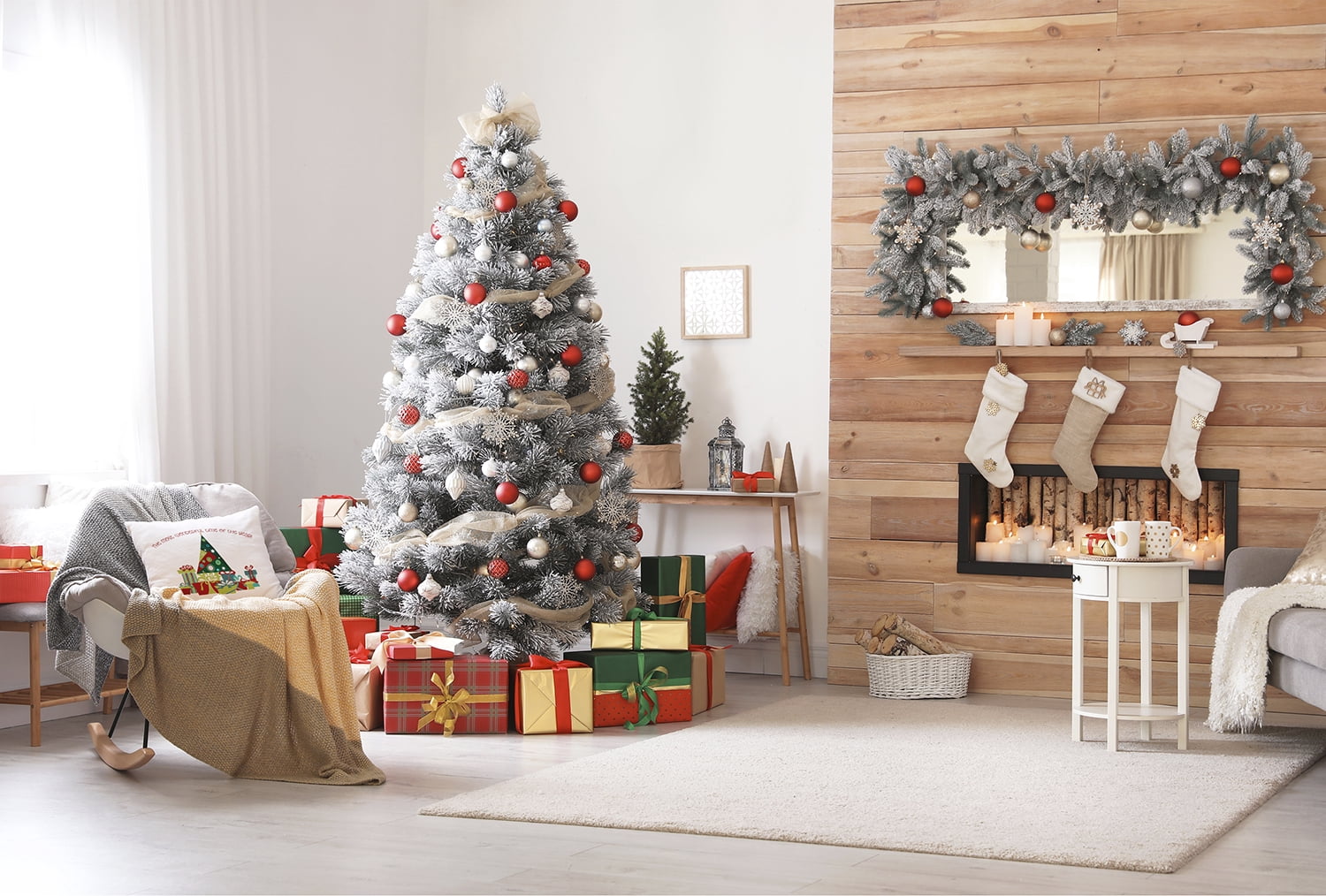 20" x 20" Simply Daisy Tree and Gifts Polyester Accent Pillow, Cardinal Red Qty 1