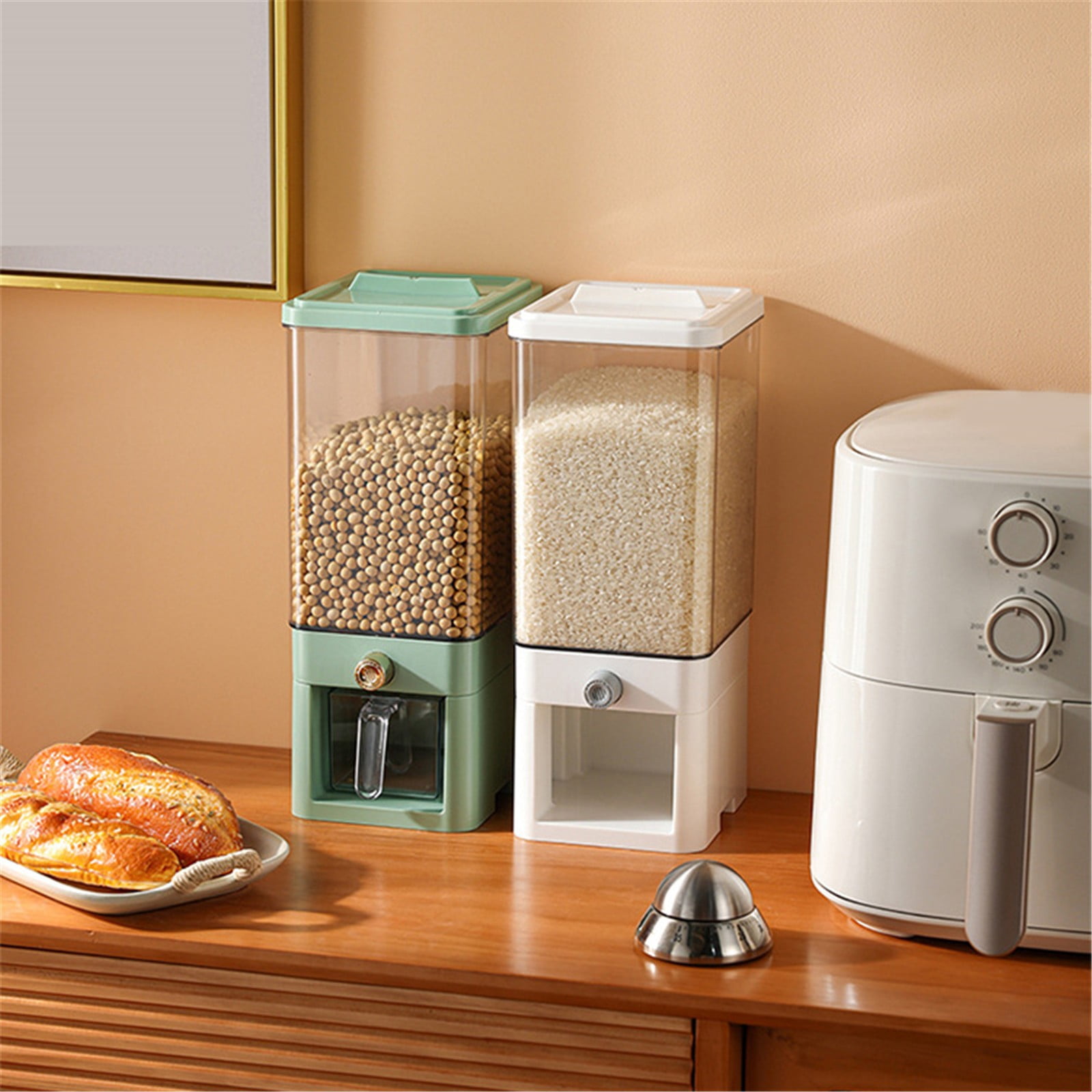 BMYJ Rice Dispenser Airtight Cereal Dispenser for Countertop Capacity Dry Food Storage Container for Rice Lentils Beans Grains Press Design