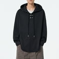 thumbnail image 2 of Drawstring Hoodies for Men Front Criss Cross Loose Casual Hooded Sweatshirt Plain Pullover Tops Fall Winter Spring (M, Black), 2 of 8