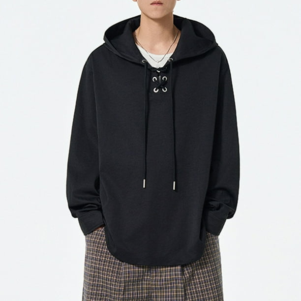 pstuiky camisa de manga larga para hombre, Blusa/camiseta informal de manga larga con capucha y cordón de color liso para hombre top de hombre s