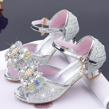

Final Clear Out! Girls Glitter Sandals Crystal Bow Princess Shoes 3CM High Heels Party Wedding Sequin Pearl Shoes Open Toe for Kids Toddler 2-13Y
