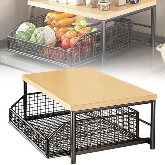 FENGGHAO 2-Tier Kitchen Countertop Organizer with Drawer and Wire Basket Hardwood Shelf for Microwave Coffee Maker Space Saving Storage