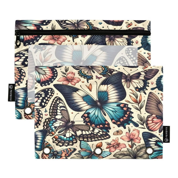 Gorgeous Butterflies and Plants 2 Pack Pencil Pouch for 3 Ring Binder Smooth Zipper Folders with Pockets Clear Window Pencil Case