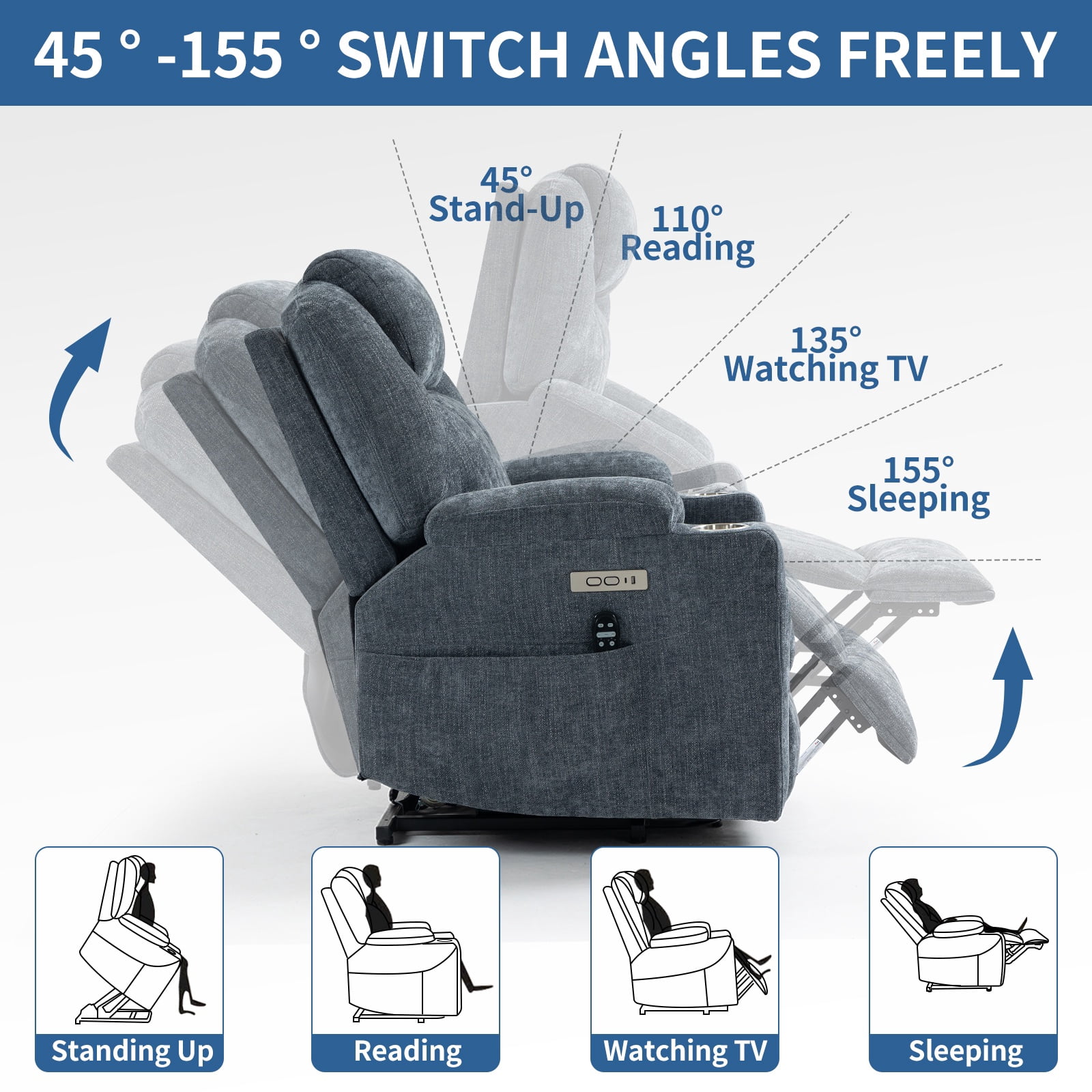 Chenille Power Lift Recliner Chair for Seniors, Heavy Duty 350 lbs Capacity with 8-Point Massage & Lumbar Heat, USB Type-A/C Ports, Stainless Steel Cup Holders, Living Room Comfort