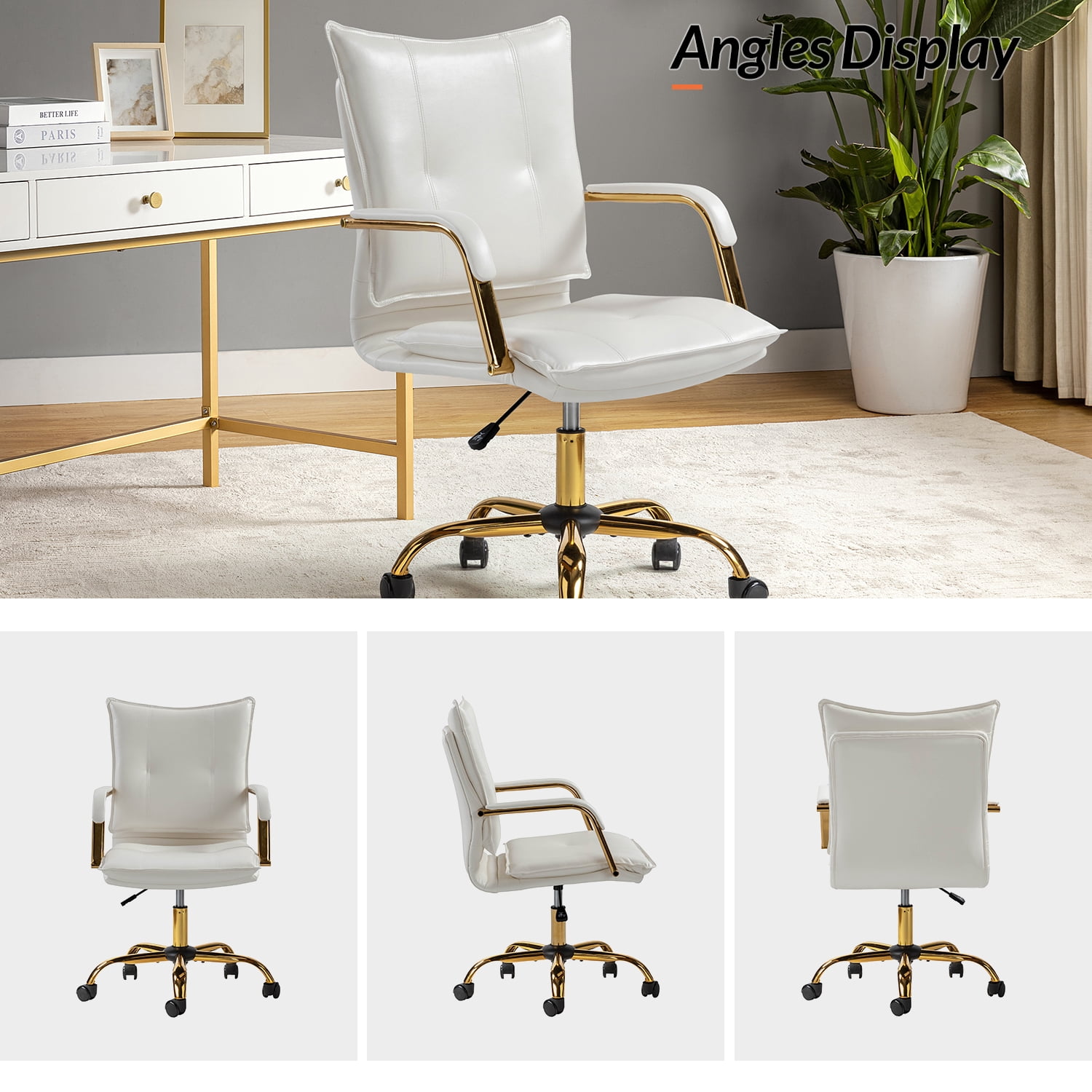 Tina's Home Luxury Faux Leather Office Chair with Golden Accents, Adjustable Swivel Ergonomic Desk Chair for Executive Comfort and Style White