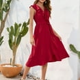 thumbnail image 4 of Hyknon Summer Dresses for Women New Fashion Ruffle Sleeve V Neck Temperament Midi Dresses with Belt Basic Solid Color Slit Flowy Beach Dresses, 4 of 5
