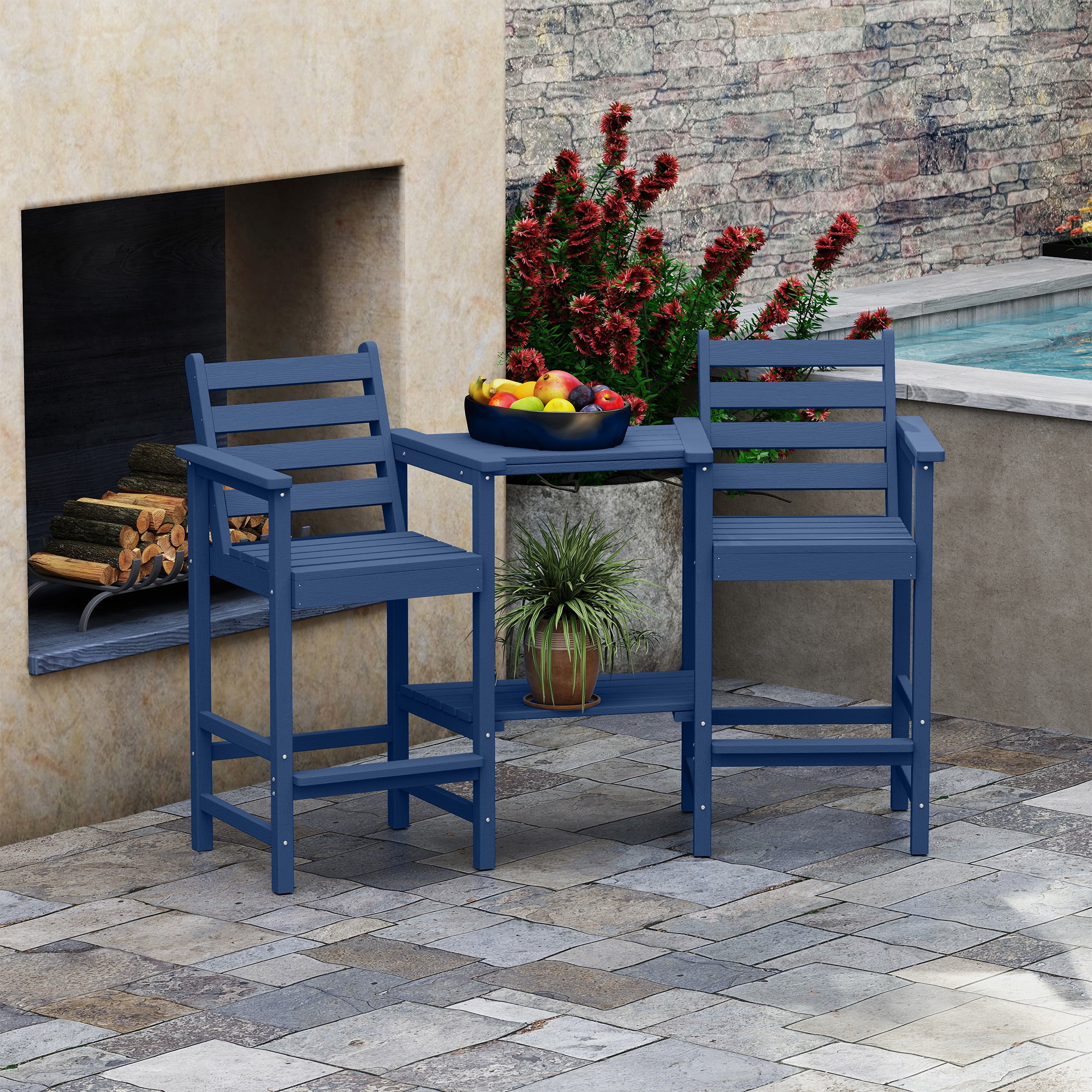AreShark HDPE Tall Adirondack Chair Set with Removable Double Trays (Set of 2) Navy