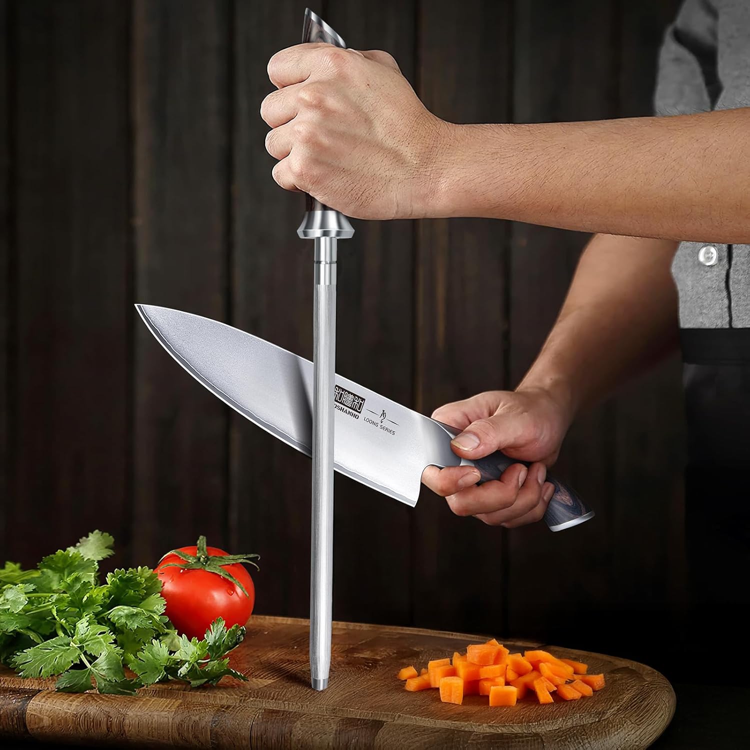 10 Inch Professional Kitchen Knife Sharpener Rod with High Carbon Steel and Ergonomic Pakkawood Handle