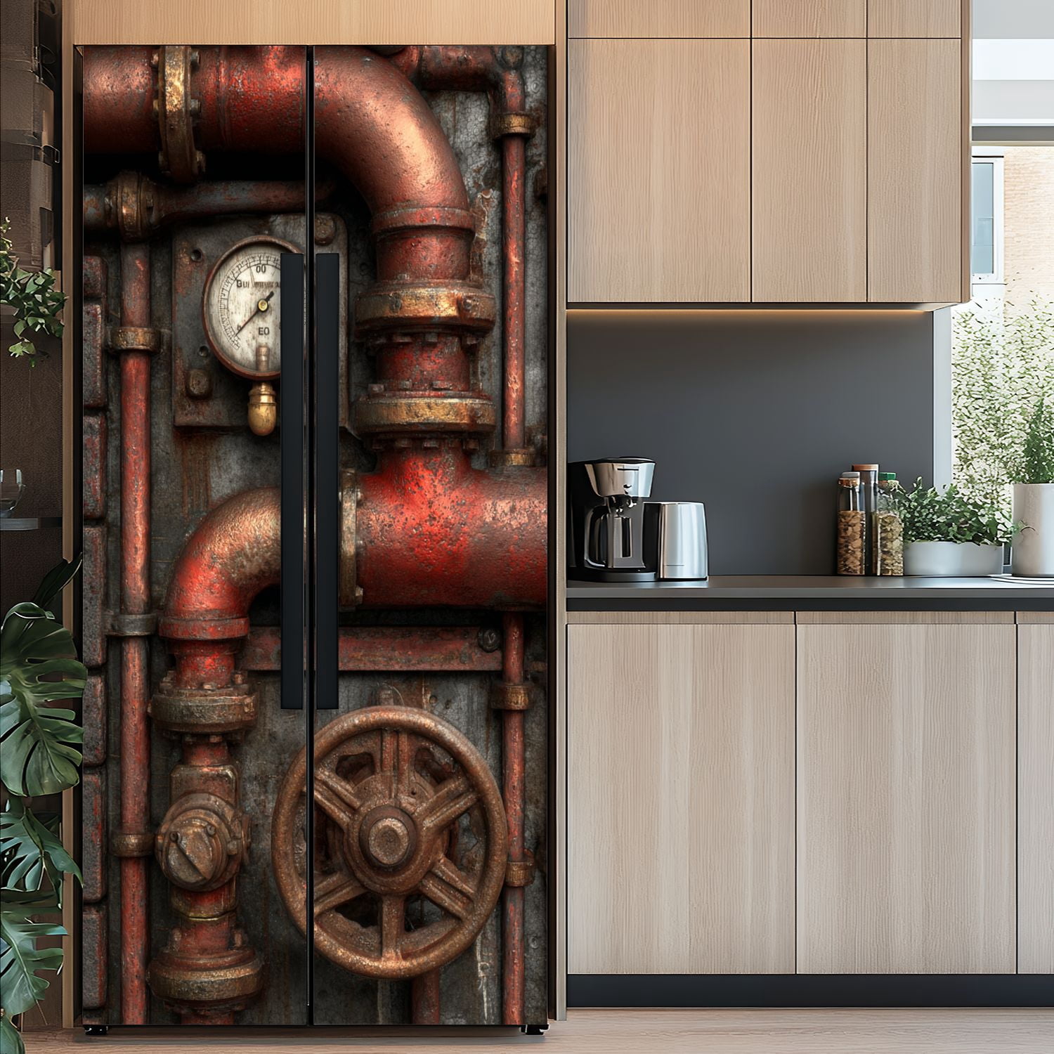 Self Adhesive Vinyl Refrigerator Wrap Set vintage steampunk Door Mural Removable Fridge Sticker Peel and Stick&nbsp;Full Door Cover Decal Kitchen Bar Decor