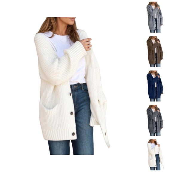 Cardigan Sweaters for Women Fall Winter Long Sleeve Loose Casual V Neck Button Down Ribbed Knit Sweater Coats with Pockets