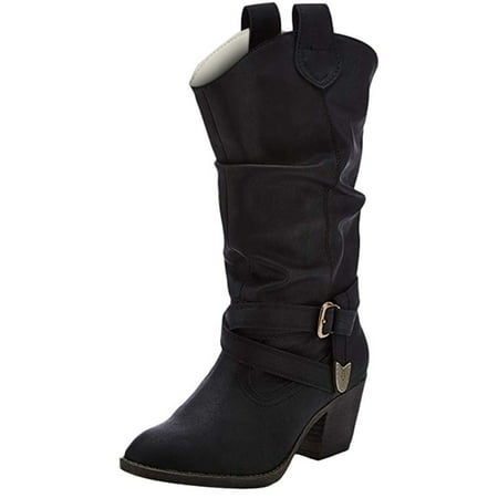 

Boots Womens Leather Cross Strap Knee-High Buckle Shoe Cowboy Low-heeled Slip-On Boots