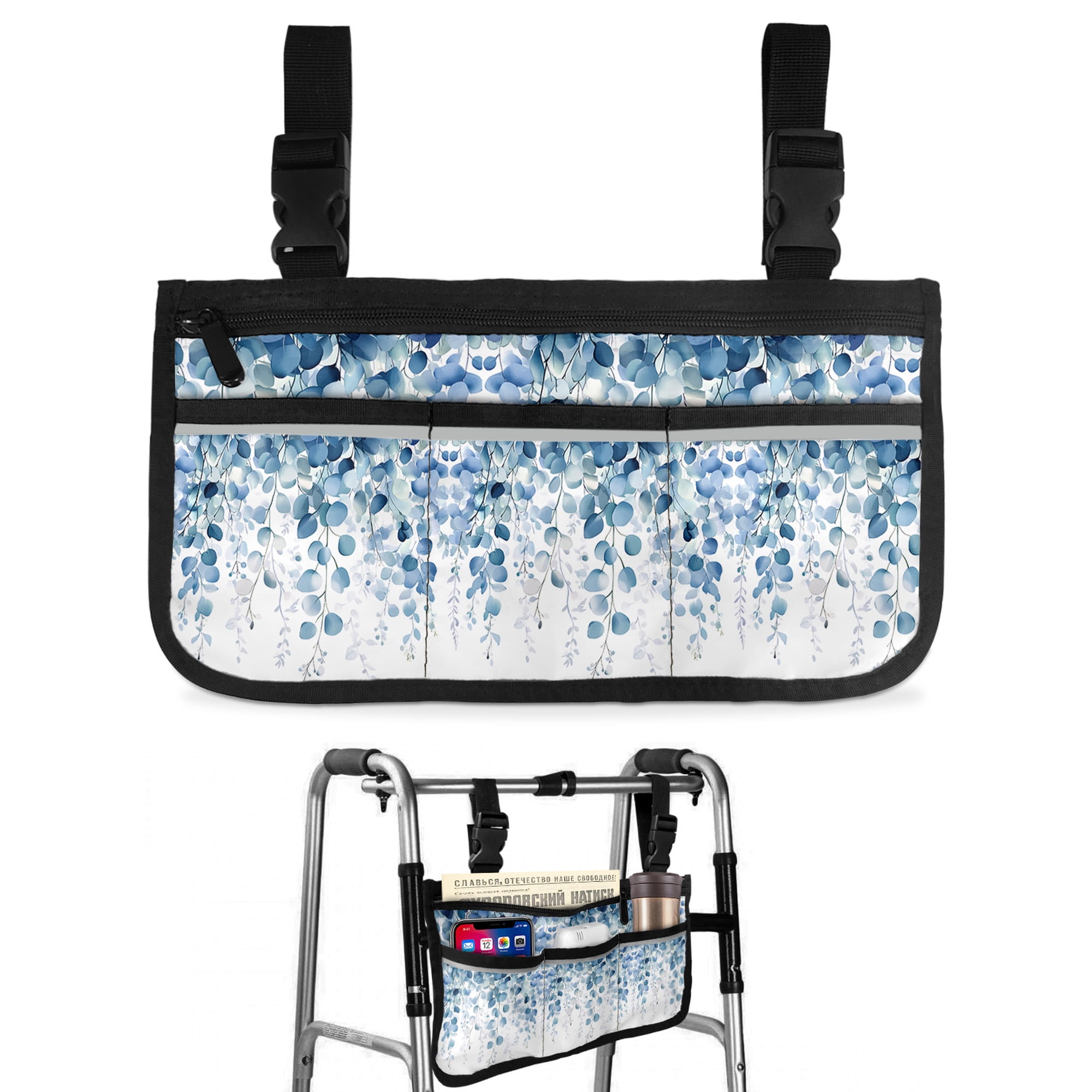 Teal Blue Eucalyptus Leaves Wheelchair Side Bag Walk Bag Basket, Spring Farmhouse Botanical Wheelchair Accessories Armrest Pouch, Organizer Storage Bags for Walkers, Rollators, Scooters, 7.3"x13"