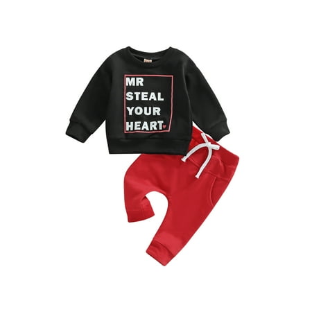

Sunisery Baby Boy Valentines Day Outfit Letters Print Sweatshirt Top Drawstring Pants 2Pcs Little Boy Clothes Set Black 2-3 Years