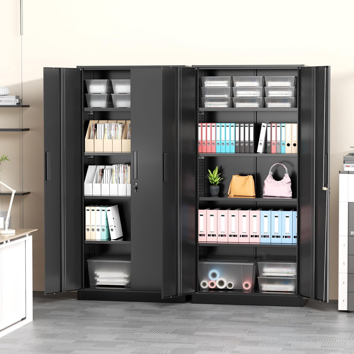 SOLAURA 71" Metal Garage Storage Cabinet with Locking Doors and Adjustable Shelves for Home, Office(Black)