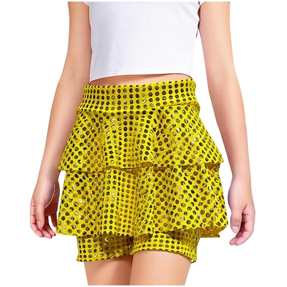 WMTBSRSW Summer Shorts Girls Metallic Skater Skort with Undershorts 2 in 1 Tiered Flowy Shorts Athletic Running Tennis Skirts Gold 11-12 Years