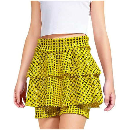 BAHHFA Girls Sparkly Sequin Skirt High Waist Mini Short Skirts Ruffle Dance Cheerleaders Skirt for Girls Size 4-14 Years