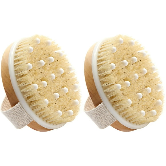 Dry Body Brush (2 Pack) - Reduce Cellulite, Dry Brush for Cellulite and Lymphatic Drainage, Exfoliating Brush with Soft Massage Nodules, Shower Brush Body Scrubber (100% Natural Bristle Brush)