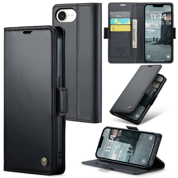 CaseMe Leather For iPhone 16e Wallet Case with RFID Blocking, For iPhone 16e Case Wallet for Women Men Card Holder Magnetic Clasp Kickstand Folio Case for iPhone 16,Black,For iPhone 16e