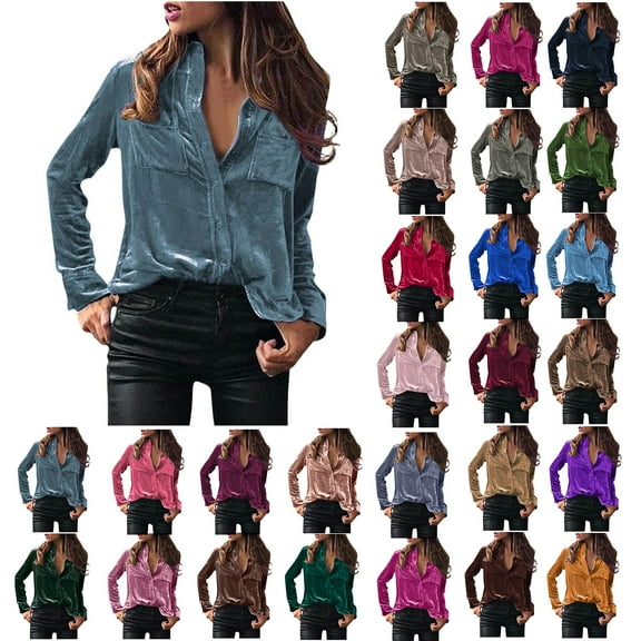 qolati Women's Long Sleeve Button Down Shirts Elegant Solid Velvet Oversized Basic Tunic Blouse Casual Regular Fit Going Out Work Tops with Pockets