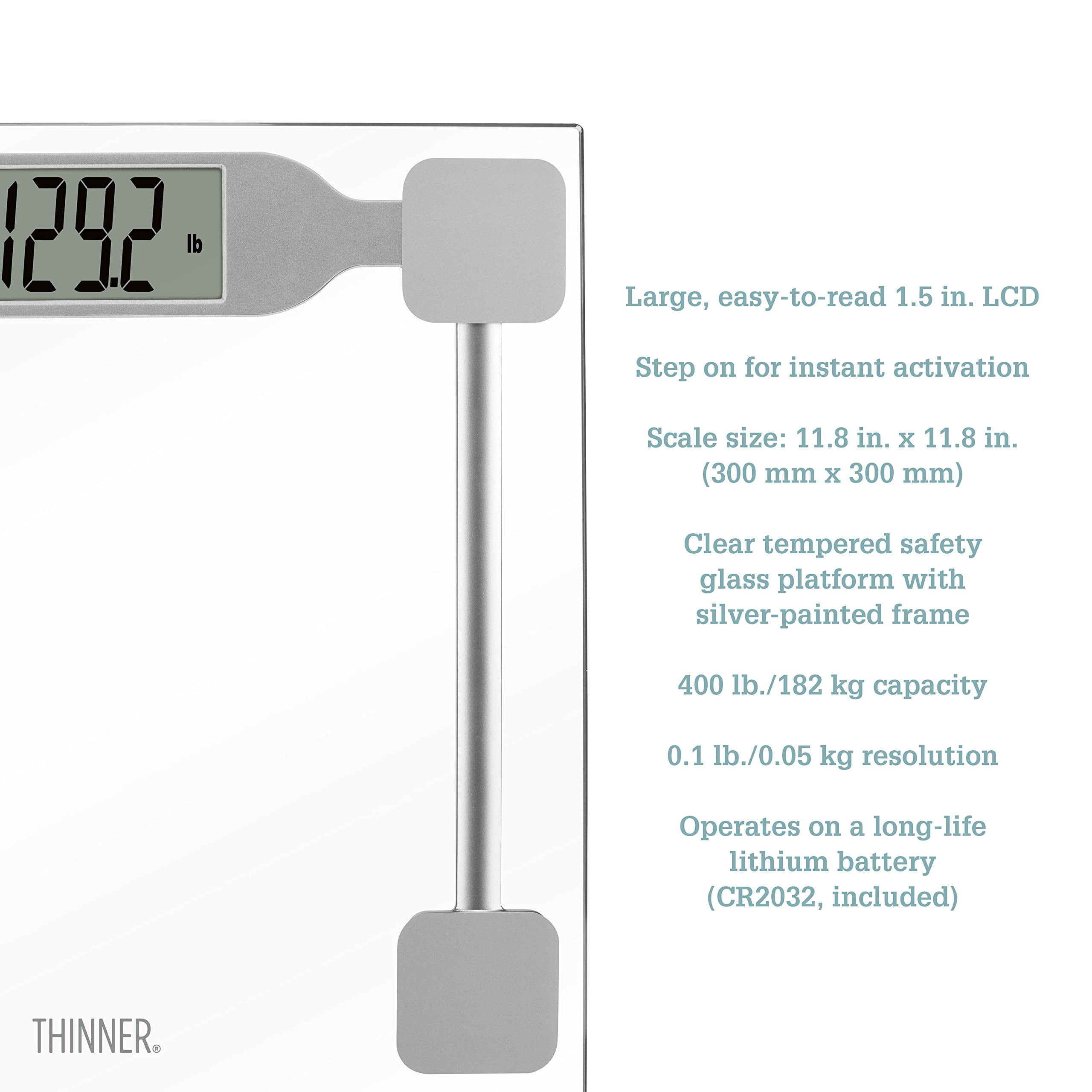 Thinner by Conair Scale for Body Weight, Digital Bathroom Scale in Clear Tempered Glass