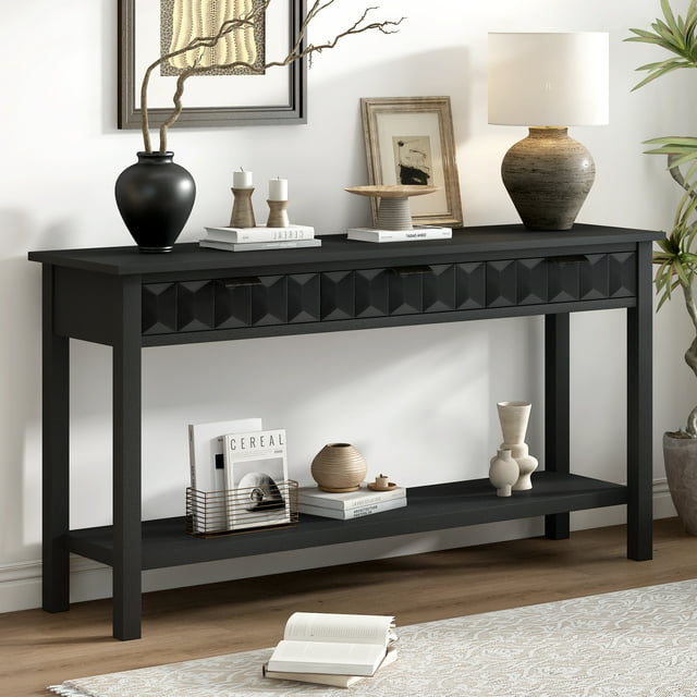 60'' Fir Veneer Entryway Table with Honeycomb-patterned Fronts,Modern Stylish Console Table with 3 Drawers and Solid Fir legs,Suitable for Living Room,Entryway, Hallway, Study, Foyer,Black